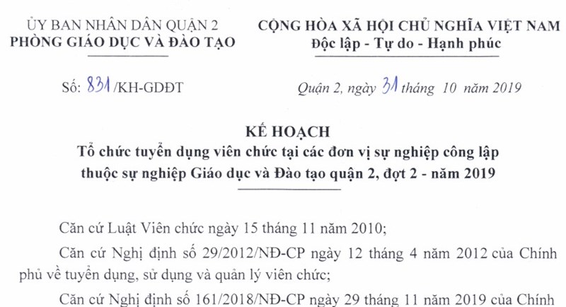 KẾ HOẠCH
Tổ chức tuyển dụng viên chức tại các đơn vị sự nghiệp công lập 
thuộc sự nghiệp Giáo dục và Đào tạo quận 2, đợt 2 - năm 2019
